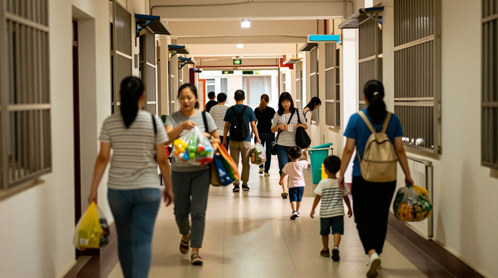 Daily life in a Chinese residential community showing people interacting in a hallway