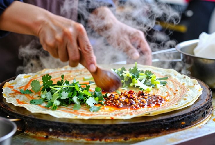 A Chinese street food vendor preparing a savory jianbing crepe for customers early in the morning with visible steam rising from the cooking station