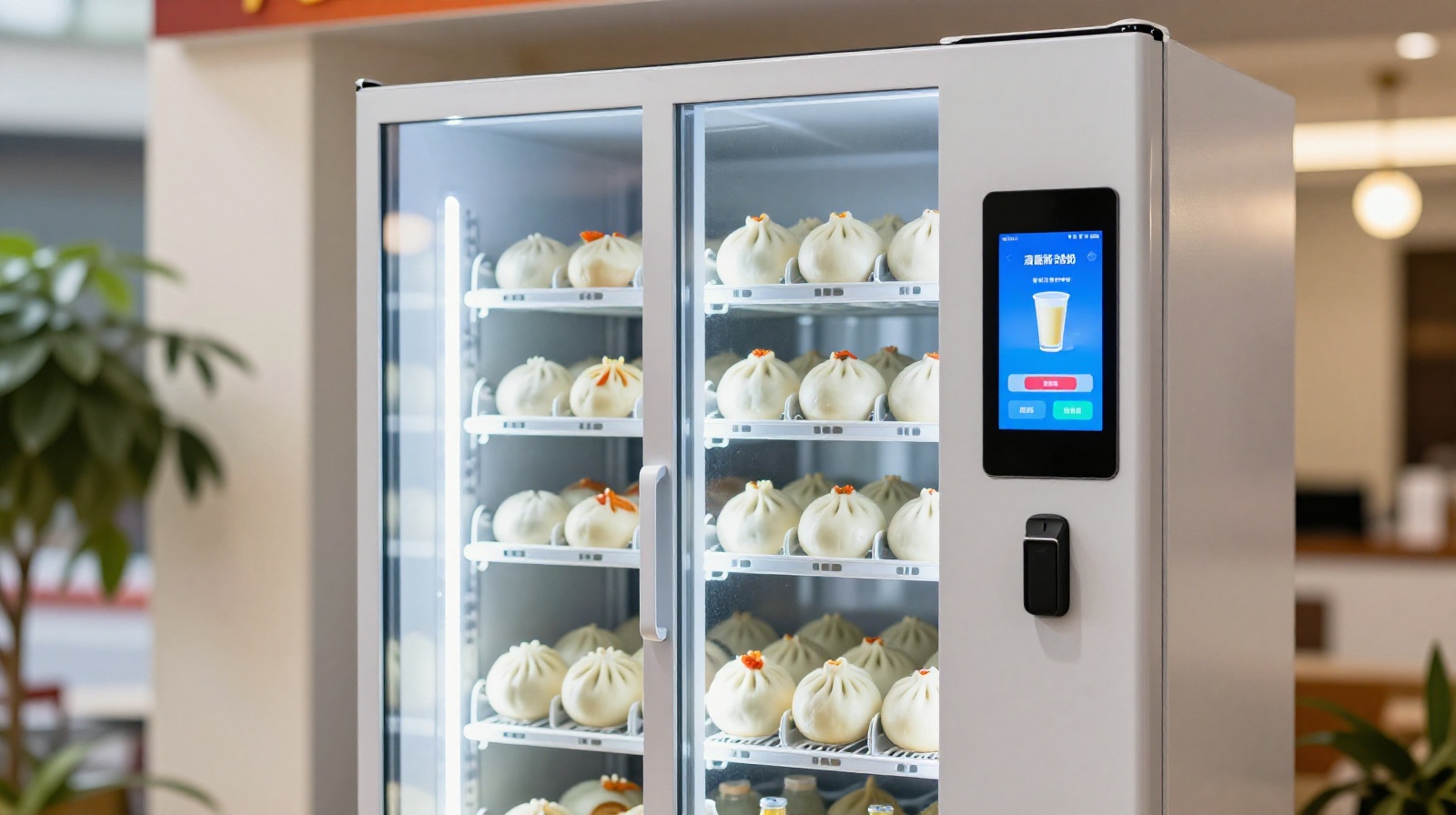 A row of high-tech smart vending machines inside a Chinese apartment complex selling freshly prepared breakfast items like steamed buns and hot drinks
