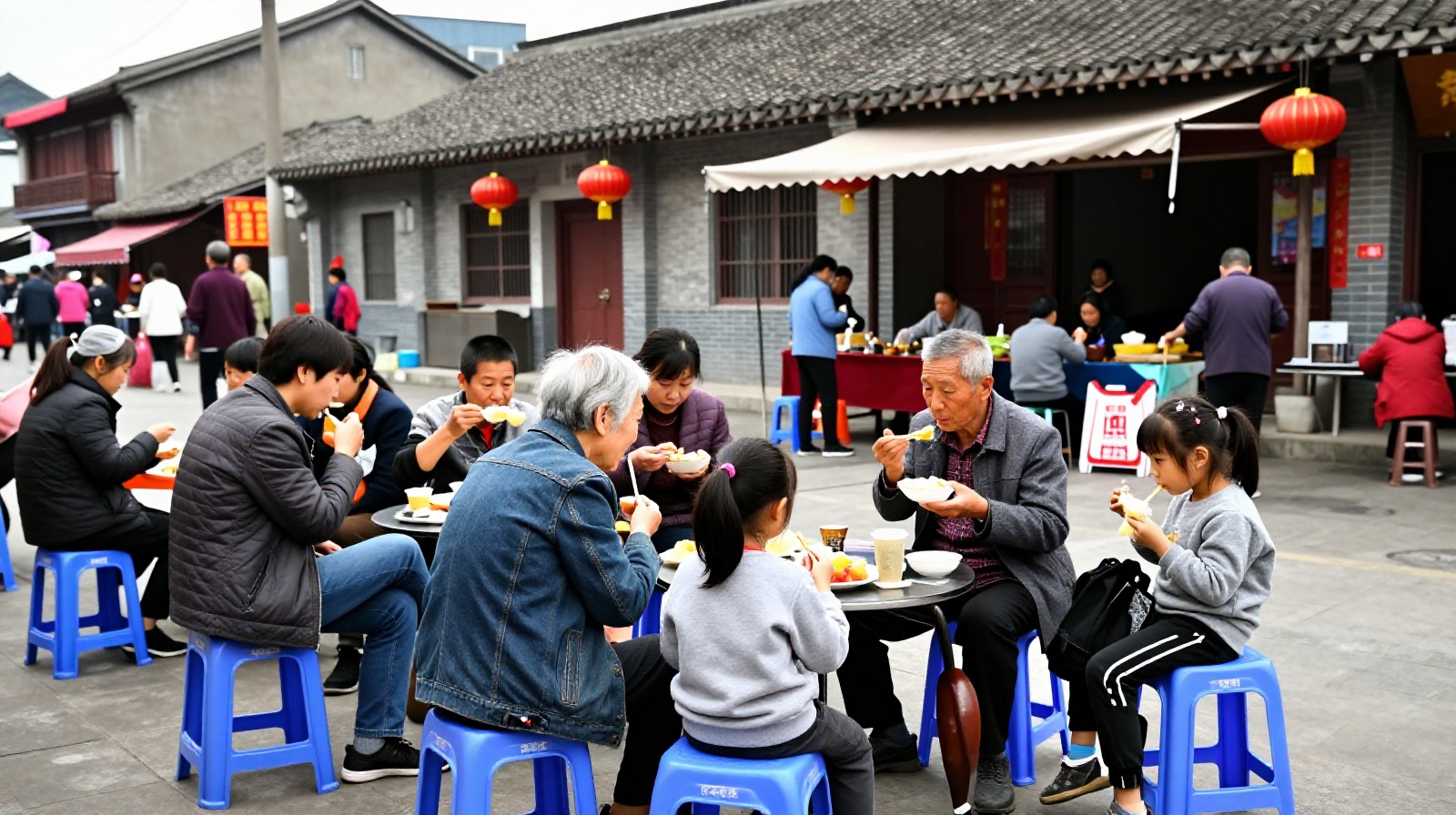 Local residents enjoying a communal breakfast at a traditional morning street market in China, highlighting the social aspect of food culture