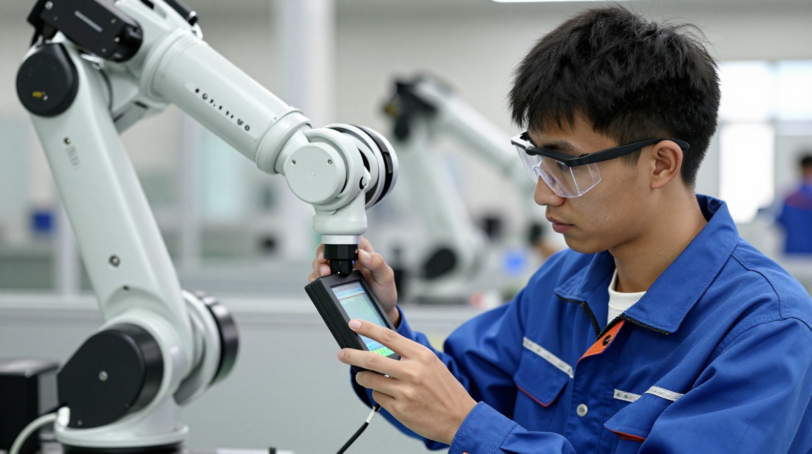 Young Chinese vocational student operating a robotic arm in a modern manufacturing workshop