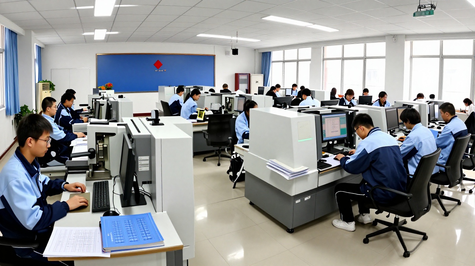 Students learning mechatronics and coding in a modern vocational college classroom