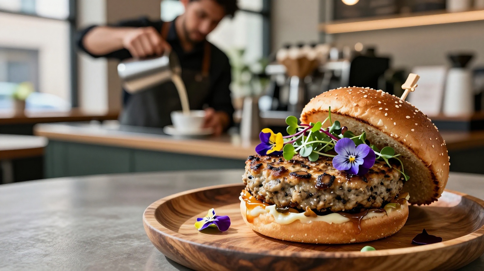 Close-up of a gourmet vegan mushroom burger served at a trendy Shanghai cafe with oat milk coffee in the background