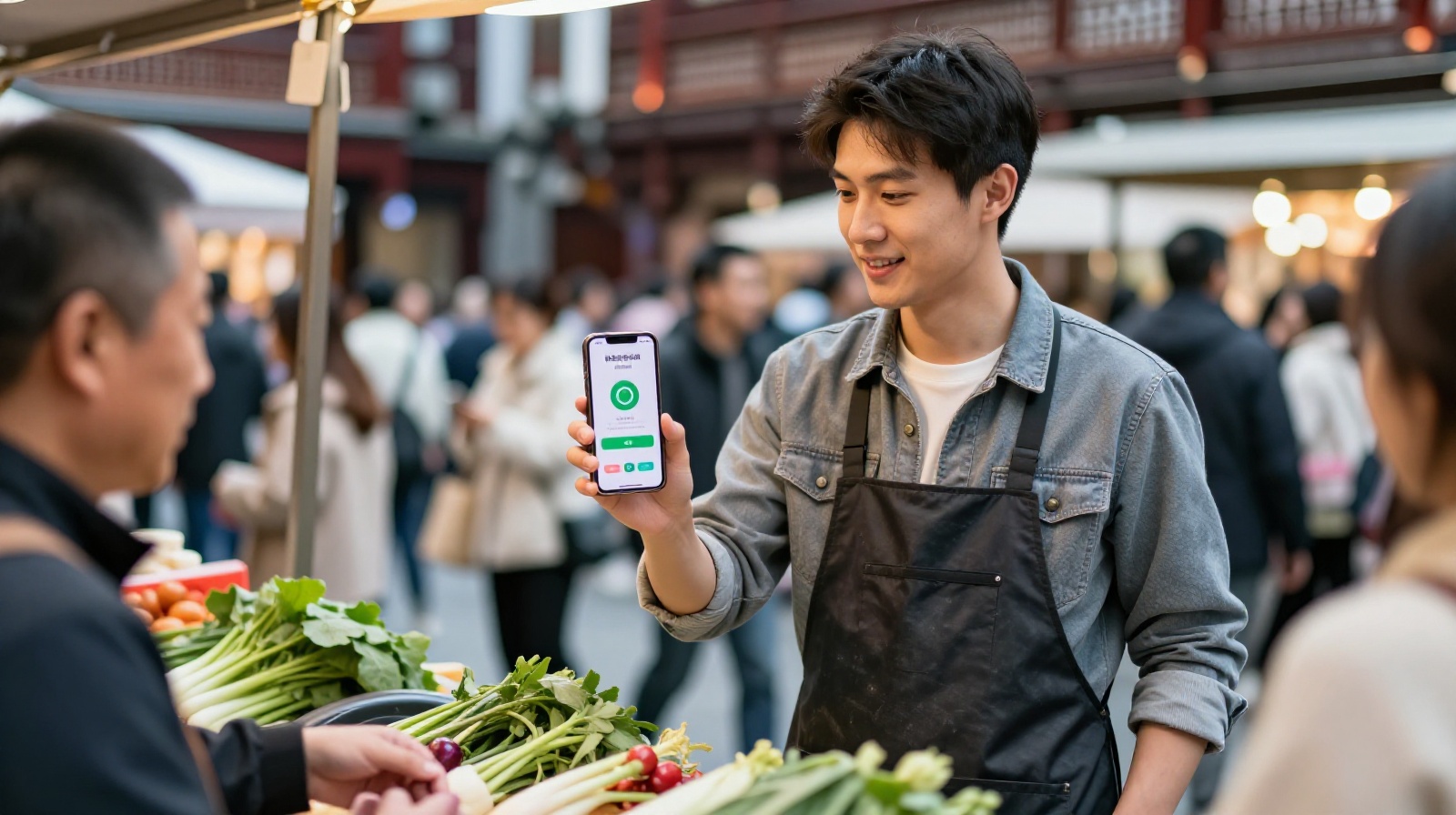 Young Chinese professional checking a sustainable living app at an outdoor vegetable market in Shanghai