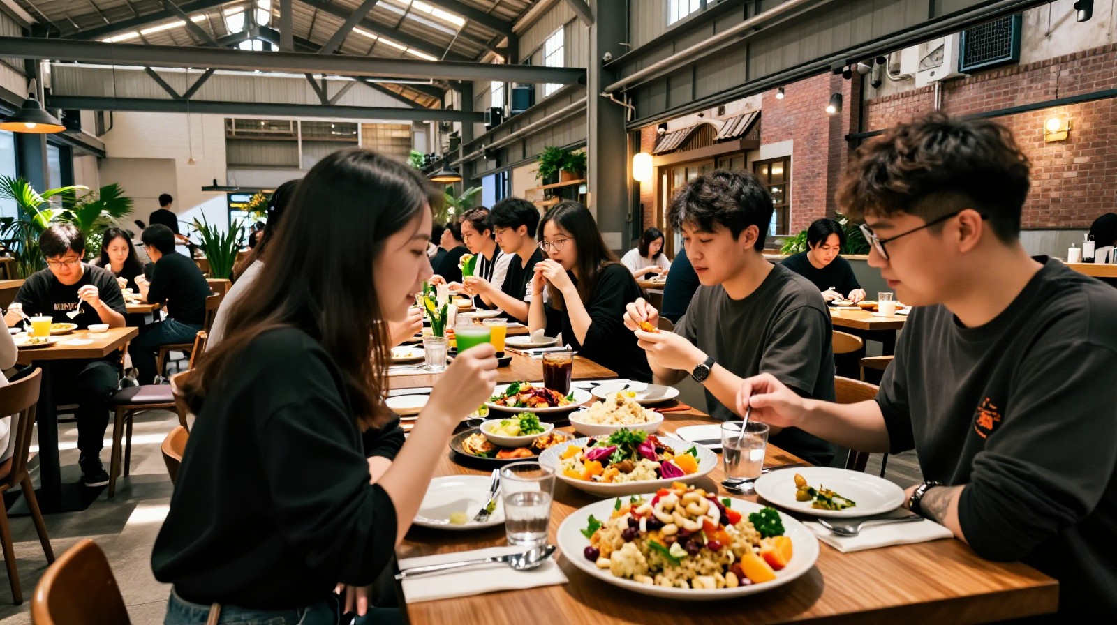 Group of friends enjoying a communal vegan brunch at a converted factory restaurant in Shanghai