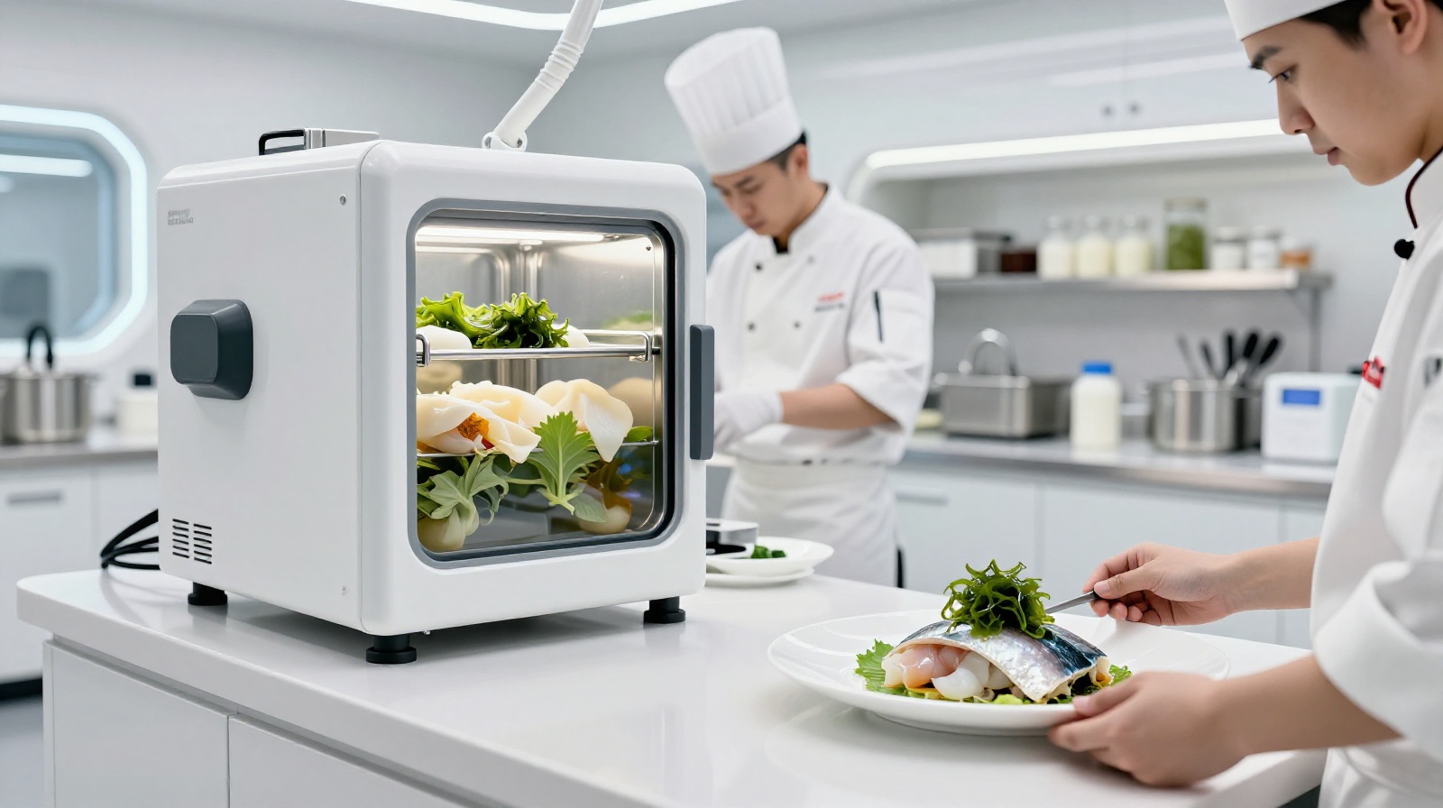 Chefs preparing innovative plant-based protein dishes in a high-tech kitchen in Shanghai