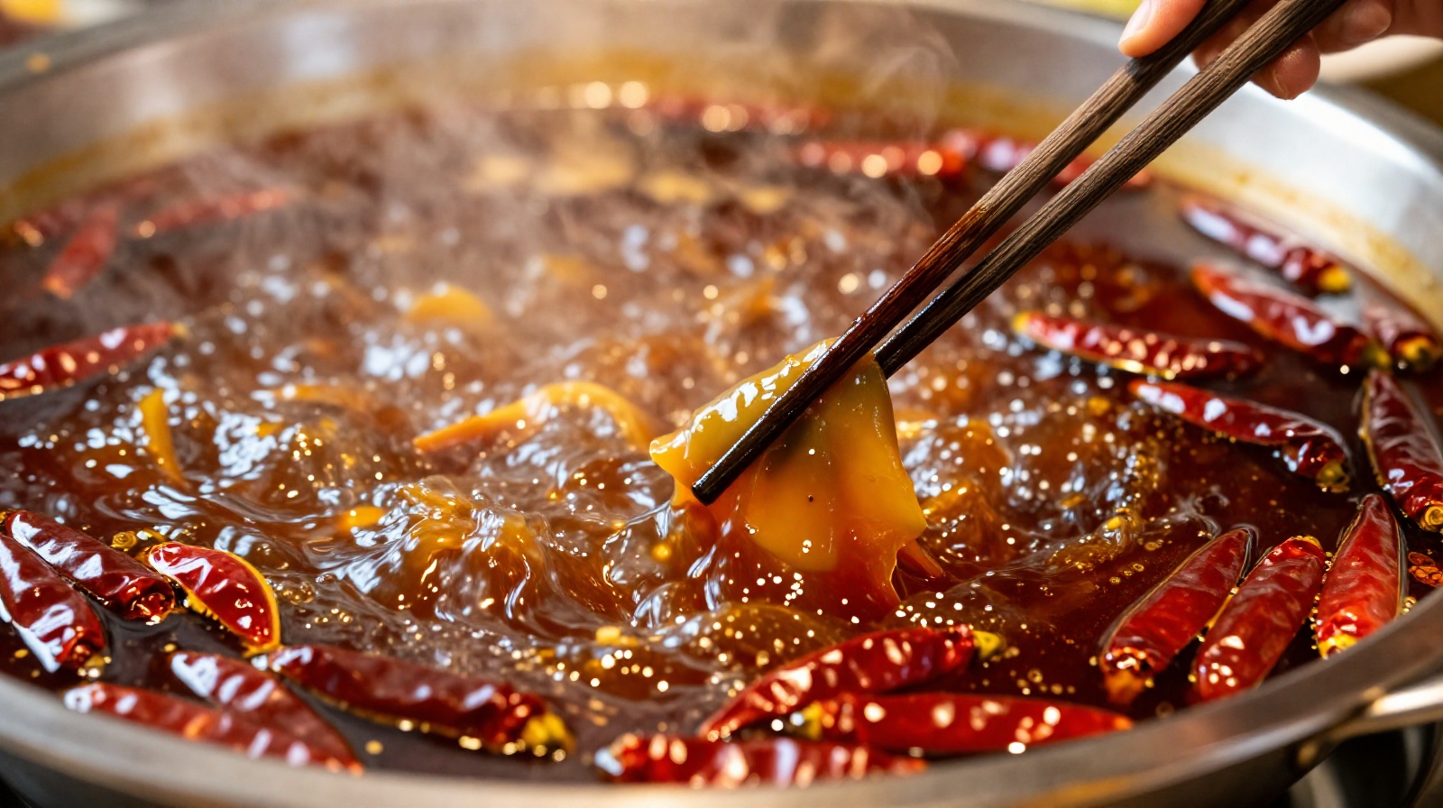 A close-up view of a steaming bowl of spicy Sichuan hotpot with red oil and chili peppers on a restaurant table in Chengdu.