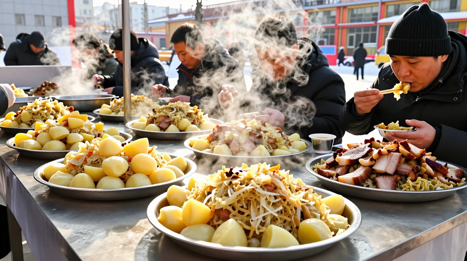 Massive portions of hearty stewed dishes served to workers in a restaurant in cold-weather Harbin.