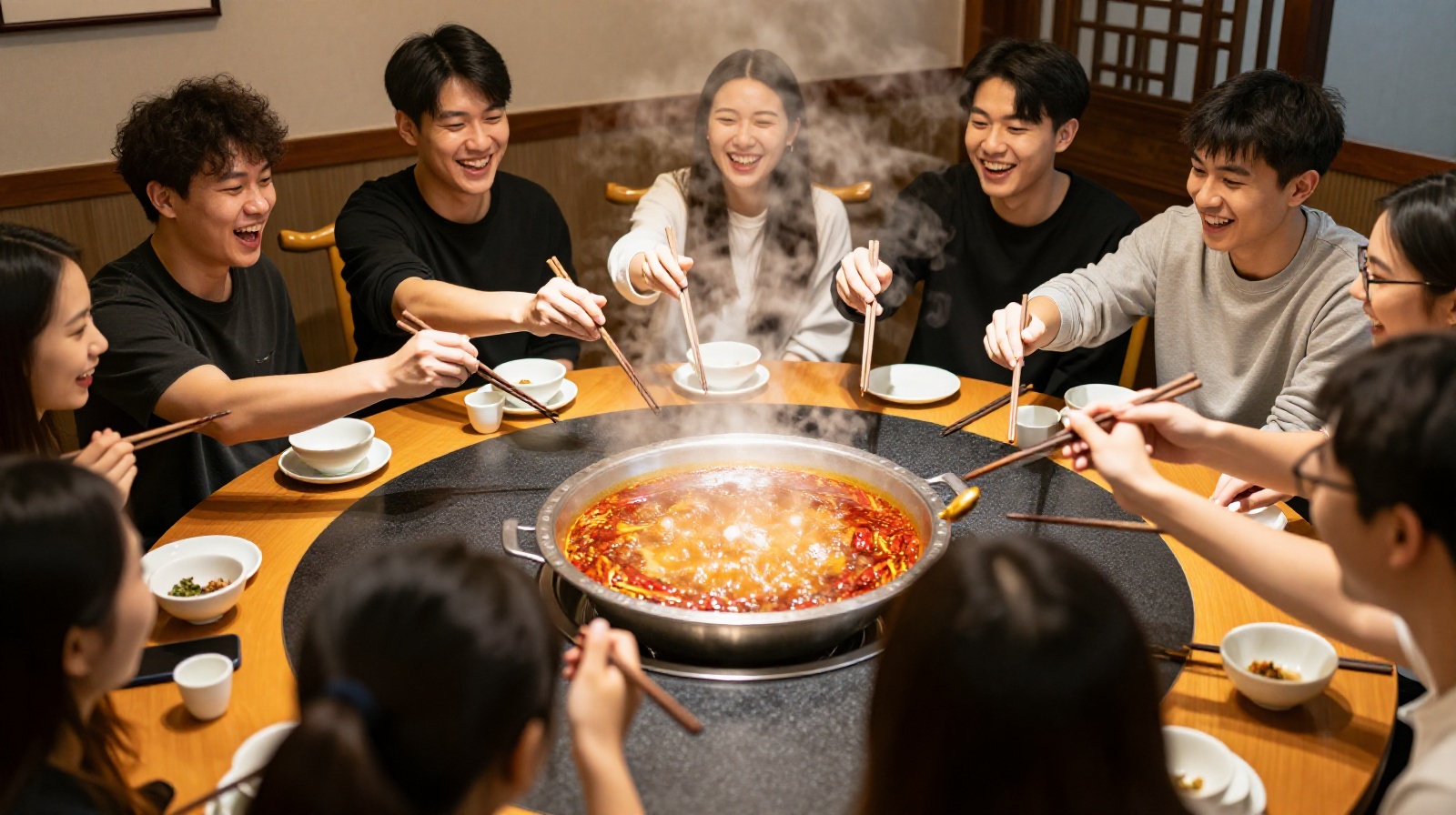 Friends enjoying a communal Sichuan hotpot meal with numbing spicy broth in a busy restaurant.