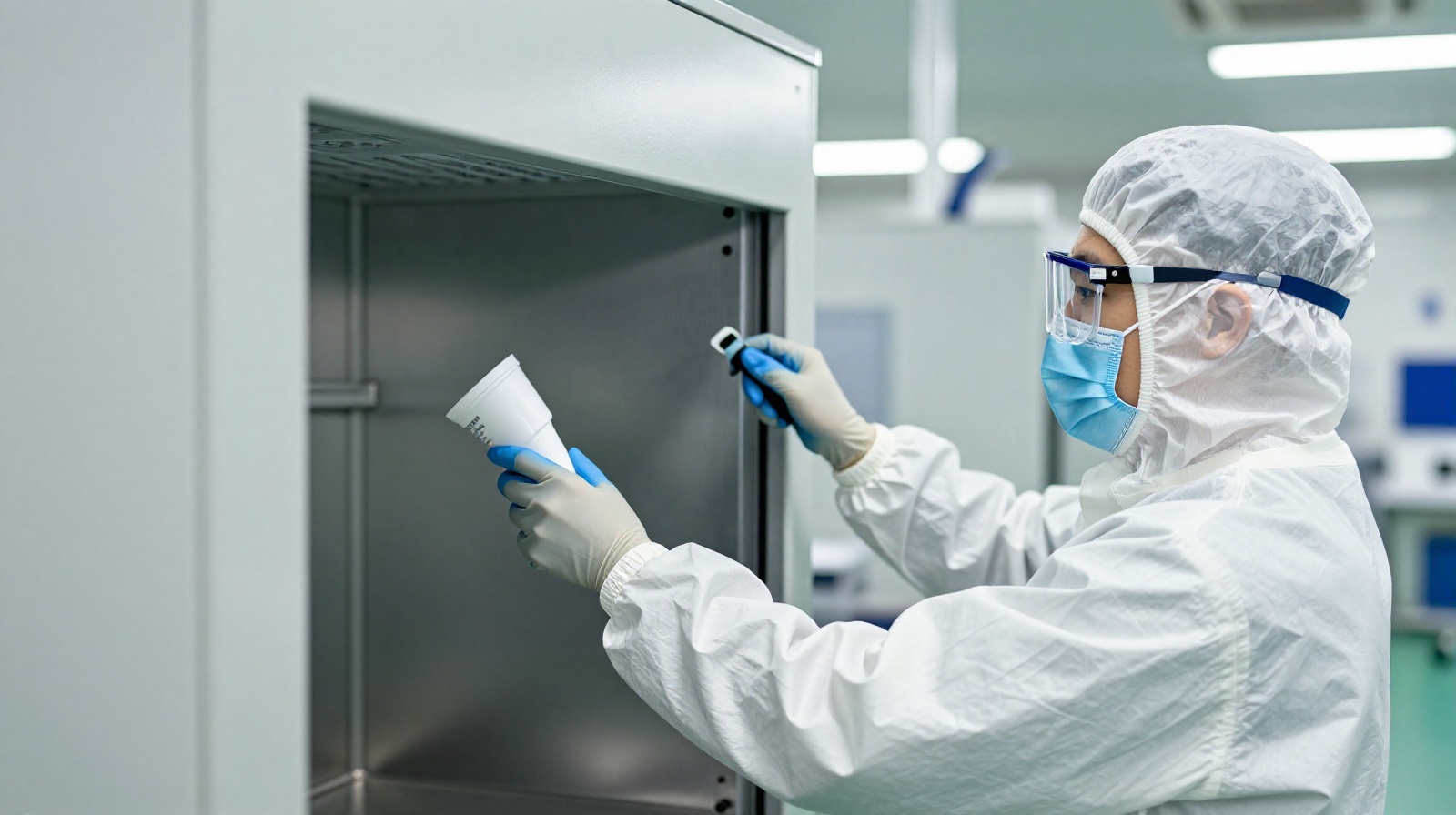 Worker in full protective gear passing through an air shower station at a high-tech medical device factory in China to ensure sterility.