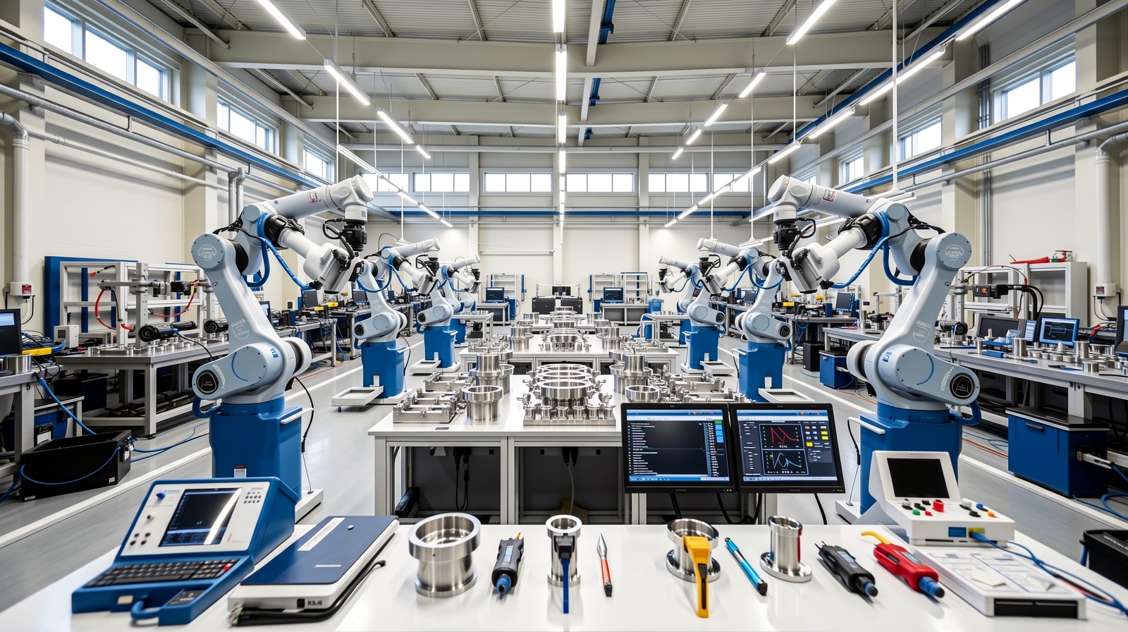 Robotic assembly line producing high-precision surgical robot parts with digital monitoring systems active.