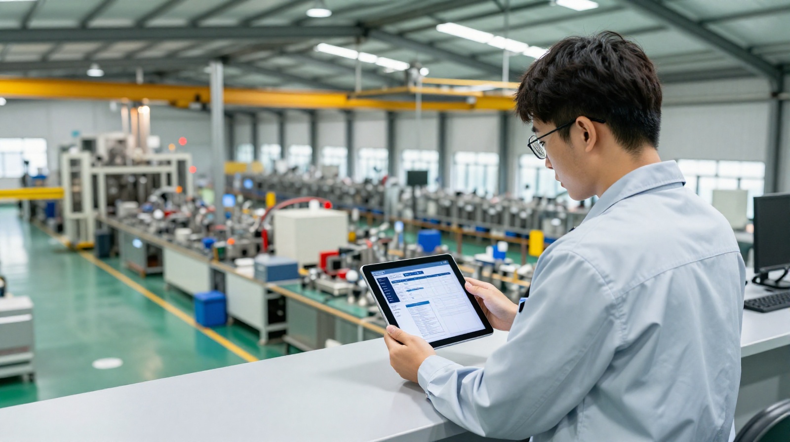 Quality director analyzing digital supply chain tracking data on a tablet at a Chinese medical device manufacturing plant.