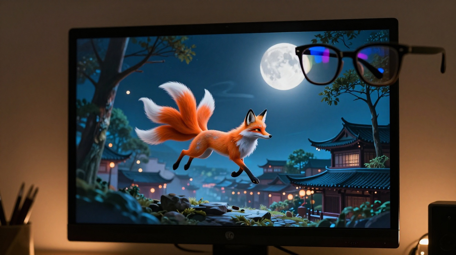 A close-up view of a game developer's monitor displaying a digital nine-tailed fox spirit leaping across a moonlit Jiangnan village, set against the backdrop of a dimly lit office in Chengdu.
