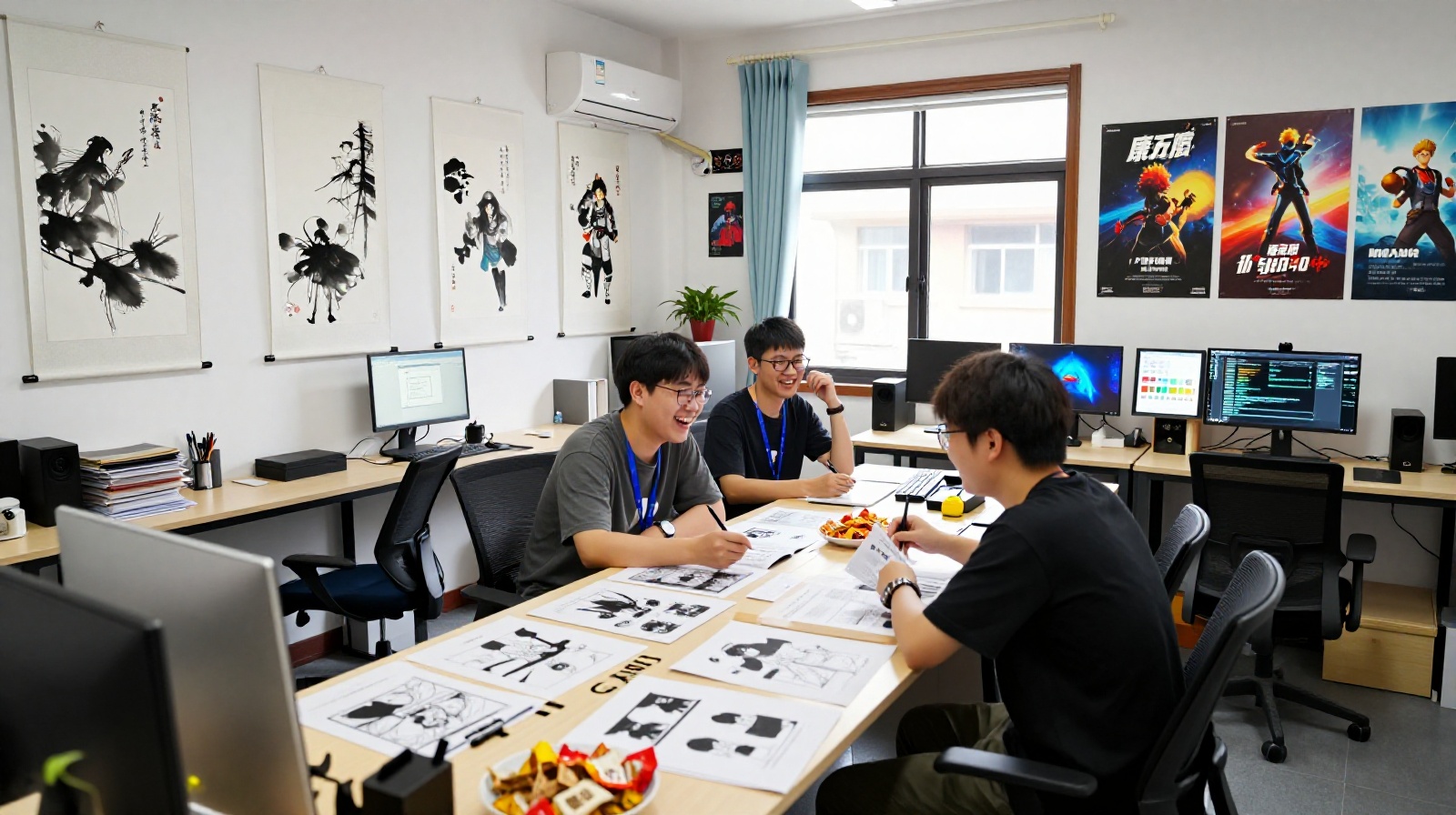 Three independent game developers from Chengdu collaborating in their office, surrounded by concept art and traditional Chinese artwork, celebrating a successful project launch.