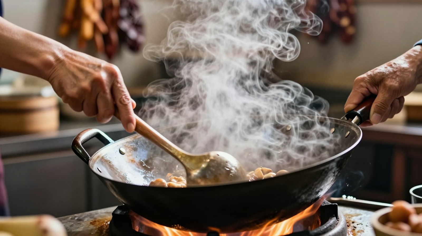 Close-up of an elderly Chinese chef cooking in a traditional open kitchen with steam rising from a wok