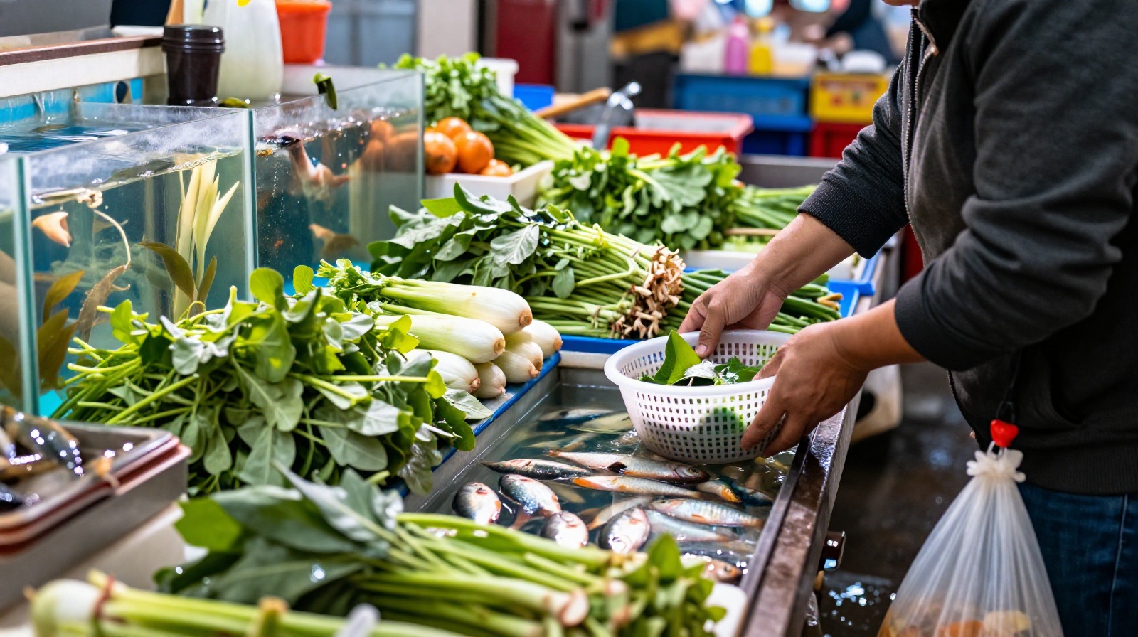 Fresh vegetables and live fish for sale at a traditional Chinese wet market