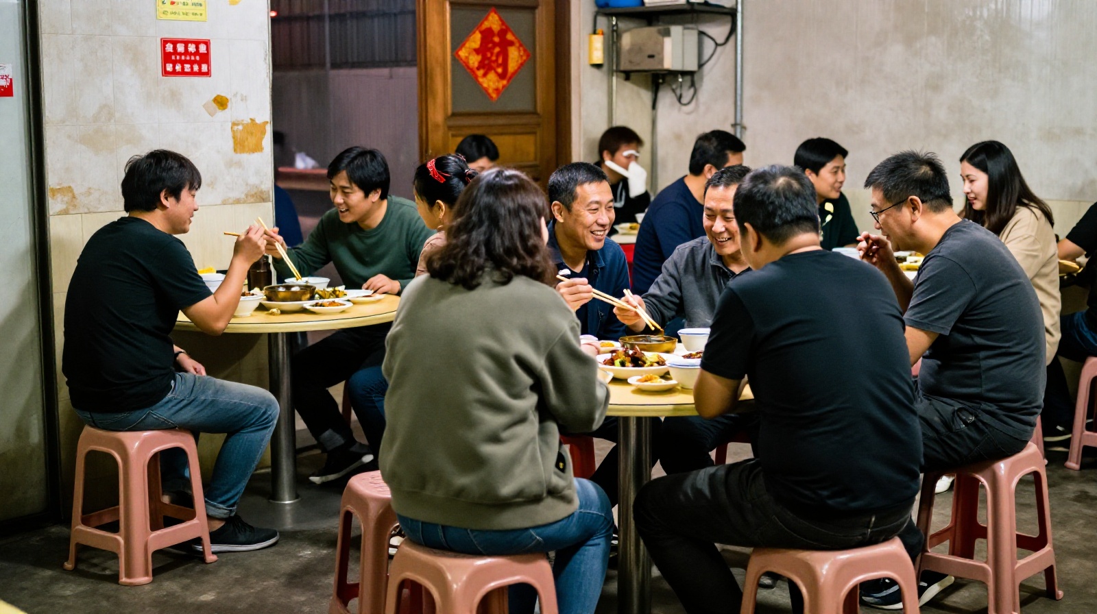 Locals enjoying a meal together at a street-side Chinese eatery
