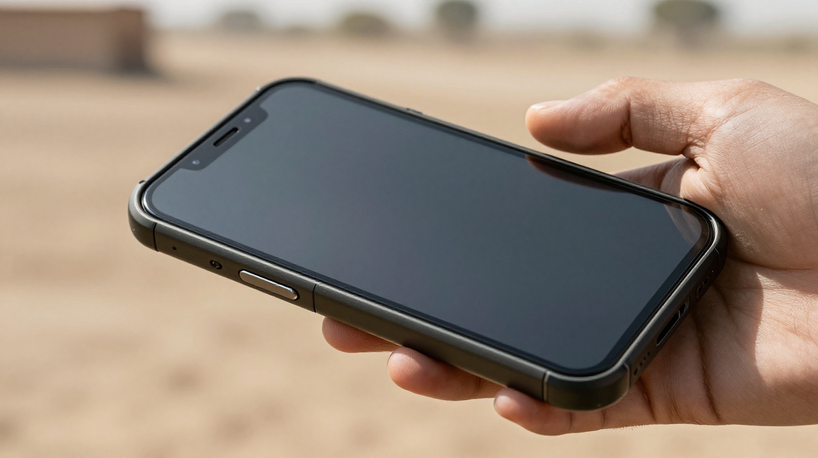 A close-up shot of a durable Chinese smartphone being used outdoors in a rural African setting, highlighting its rugged design suitable for harsh environments.