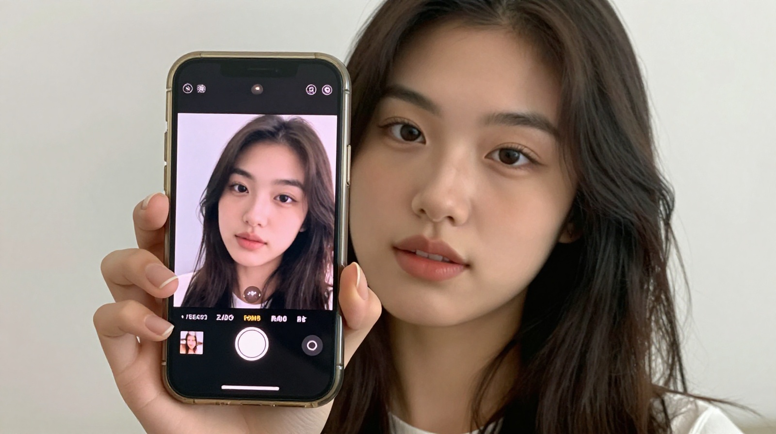 A portrait of a young African woman using a smartphone camera with an AI-enhanced selfie feature that accurately captures her skin tone.