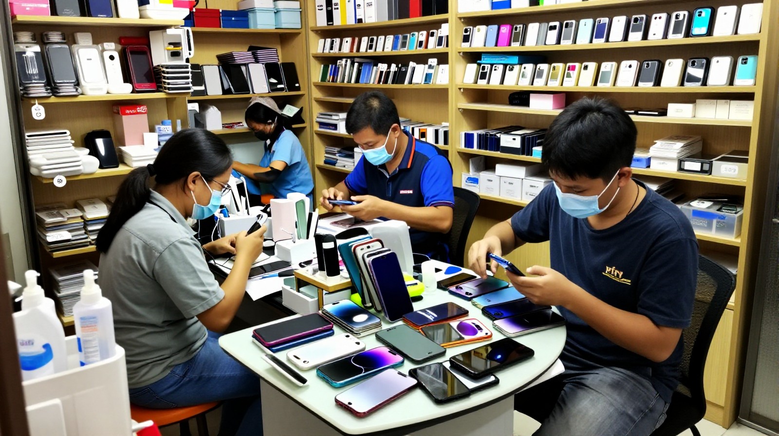 Technicians repairing Chinese brand smartphones in a local service center in Indonesia, demonstrating the extensive after-sales support network.