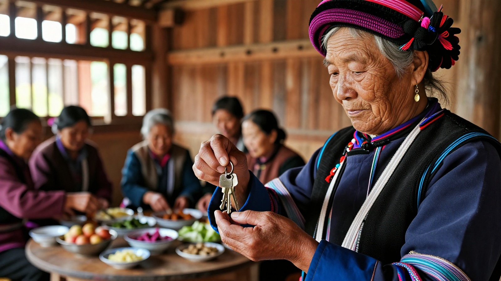 Inside a traditional Mosuo wooden home where an elderly female leader holds household keys while younger women prepare meals together