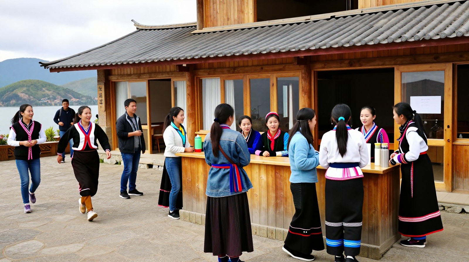 Mosuo women managing tourism operations at a lakeside guesthouse while interacting with visitors