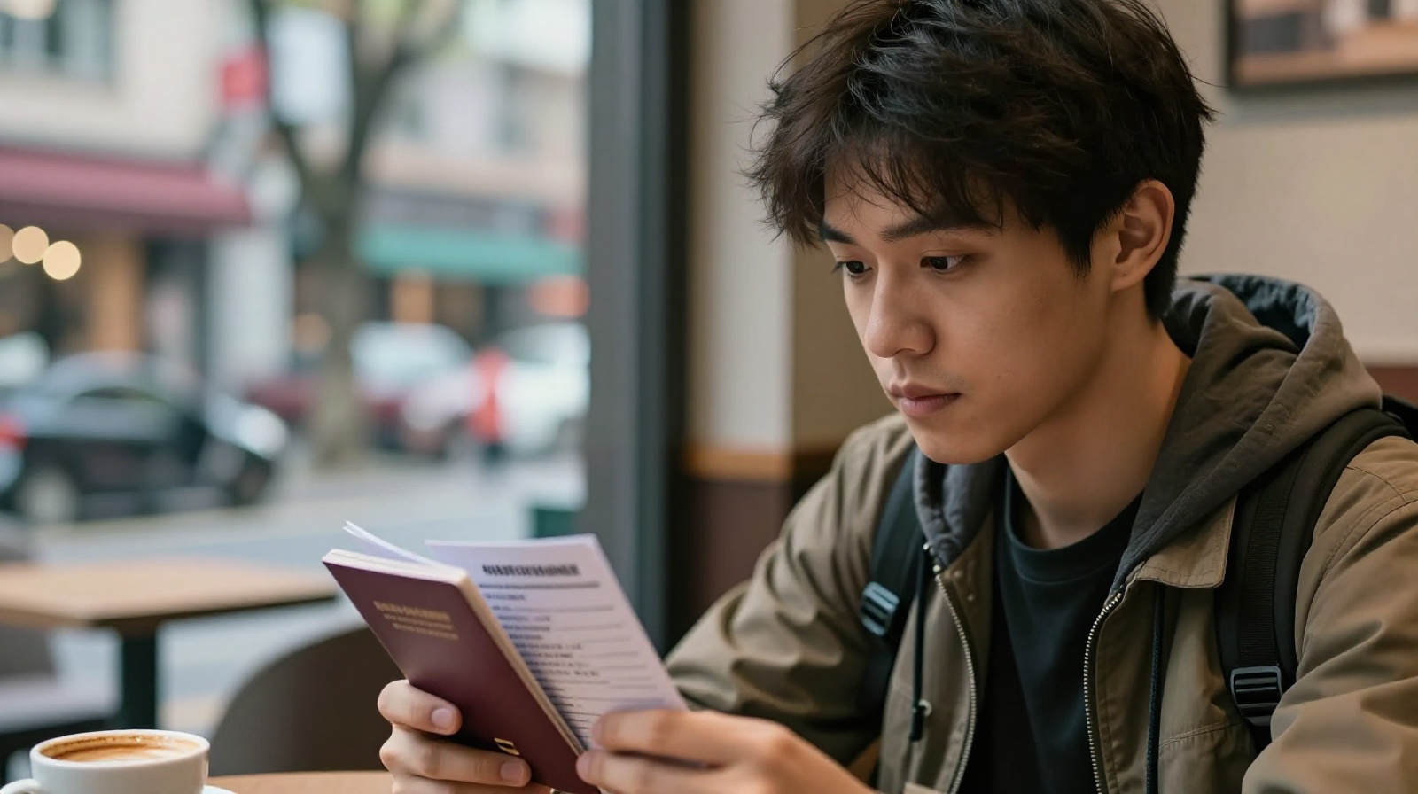 Young Chinese man reviewing travel plans in a cafe before his gap year journey