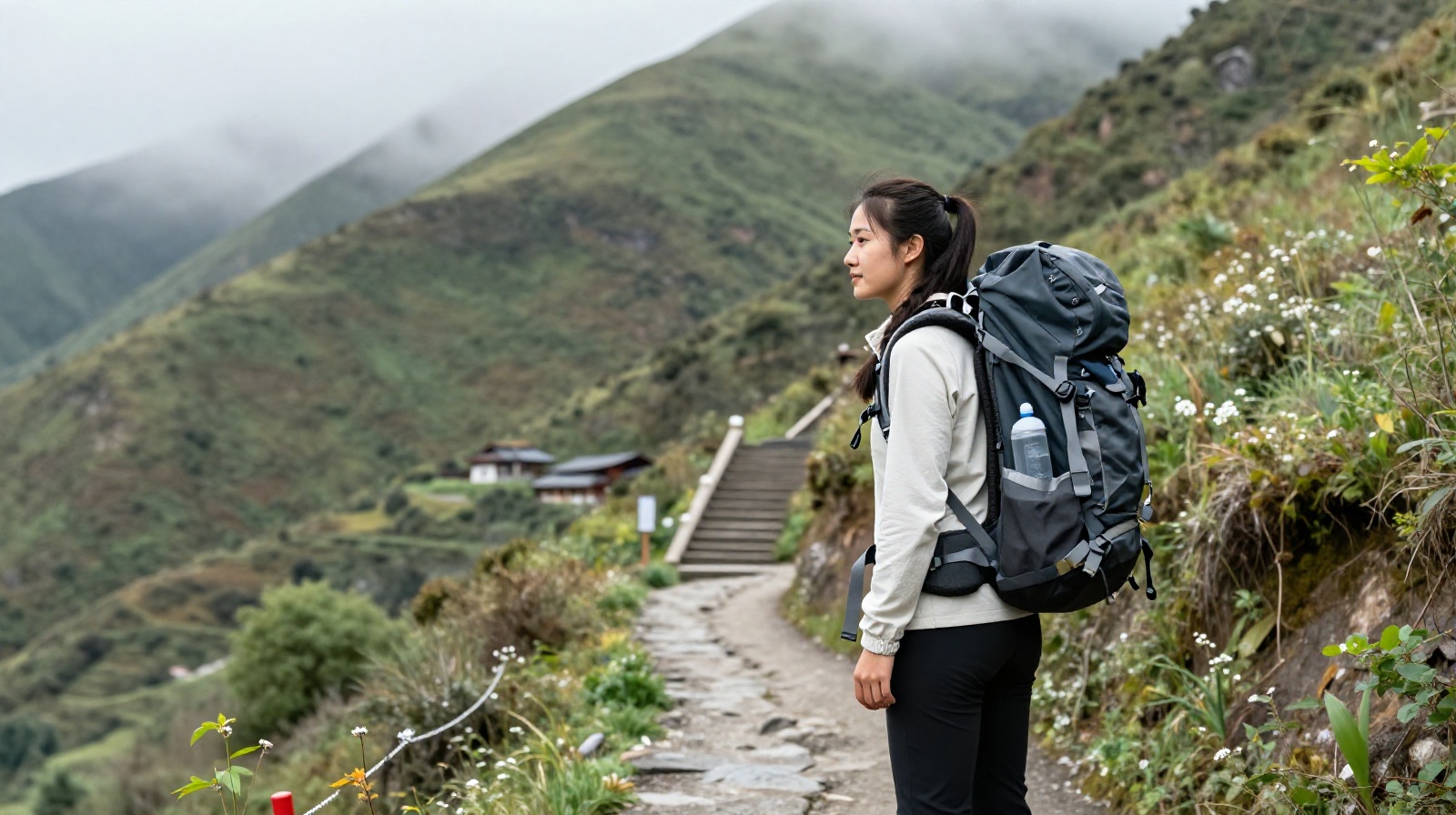 Female traveler hiking through the mountains of Sichuan during her gap year