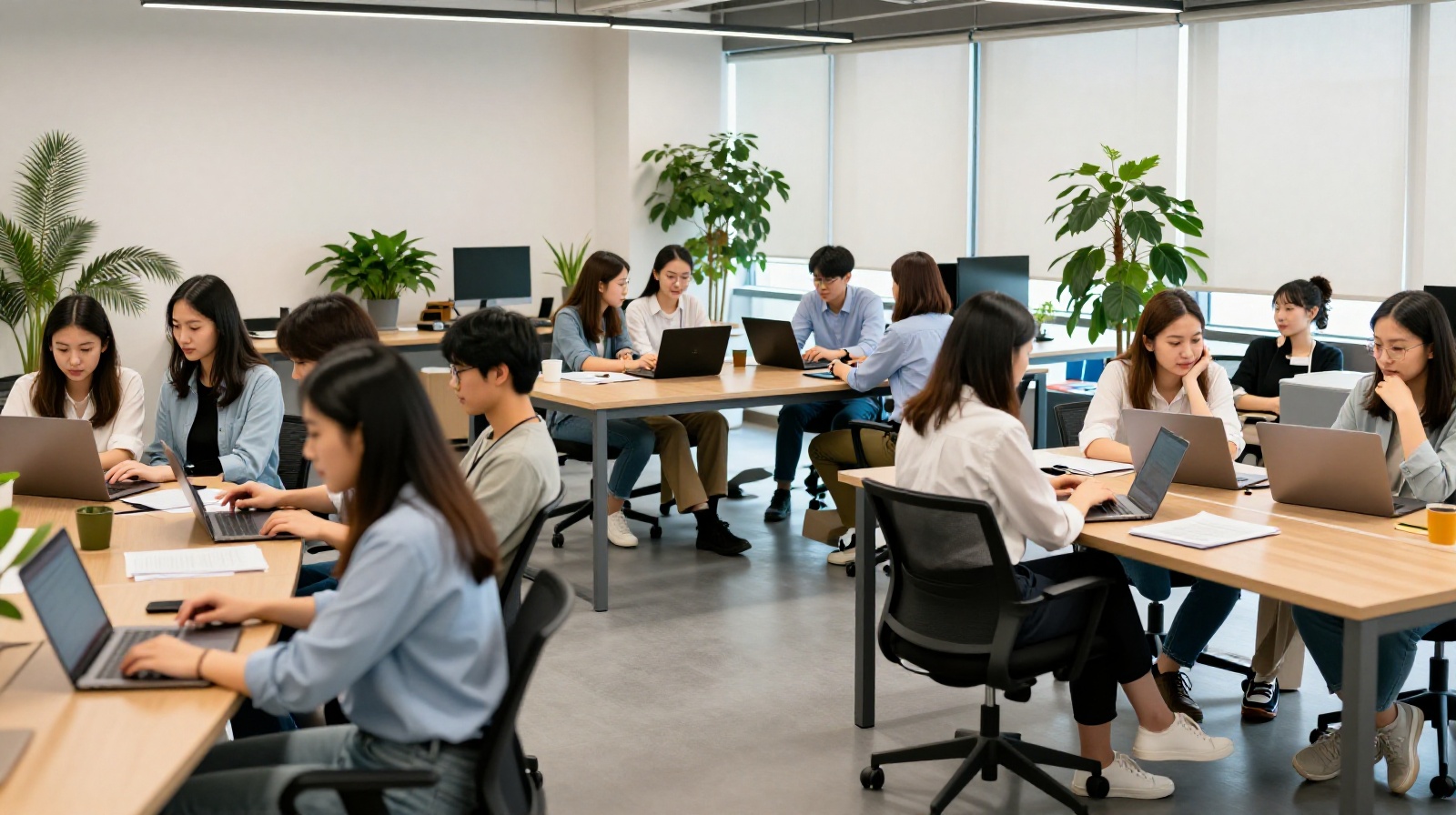 Young professionals collaborating in a shared workspace after returning from travel