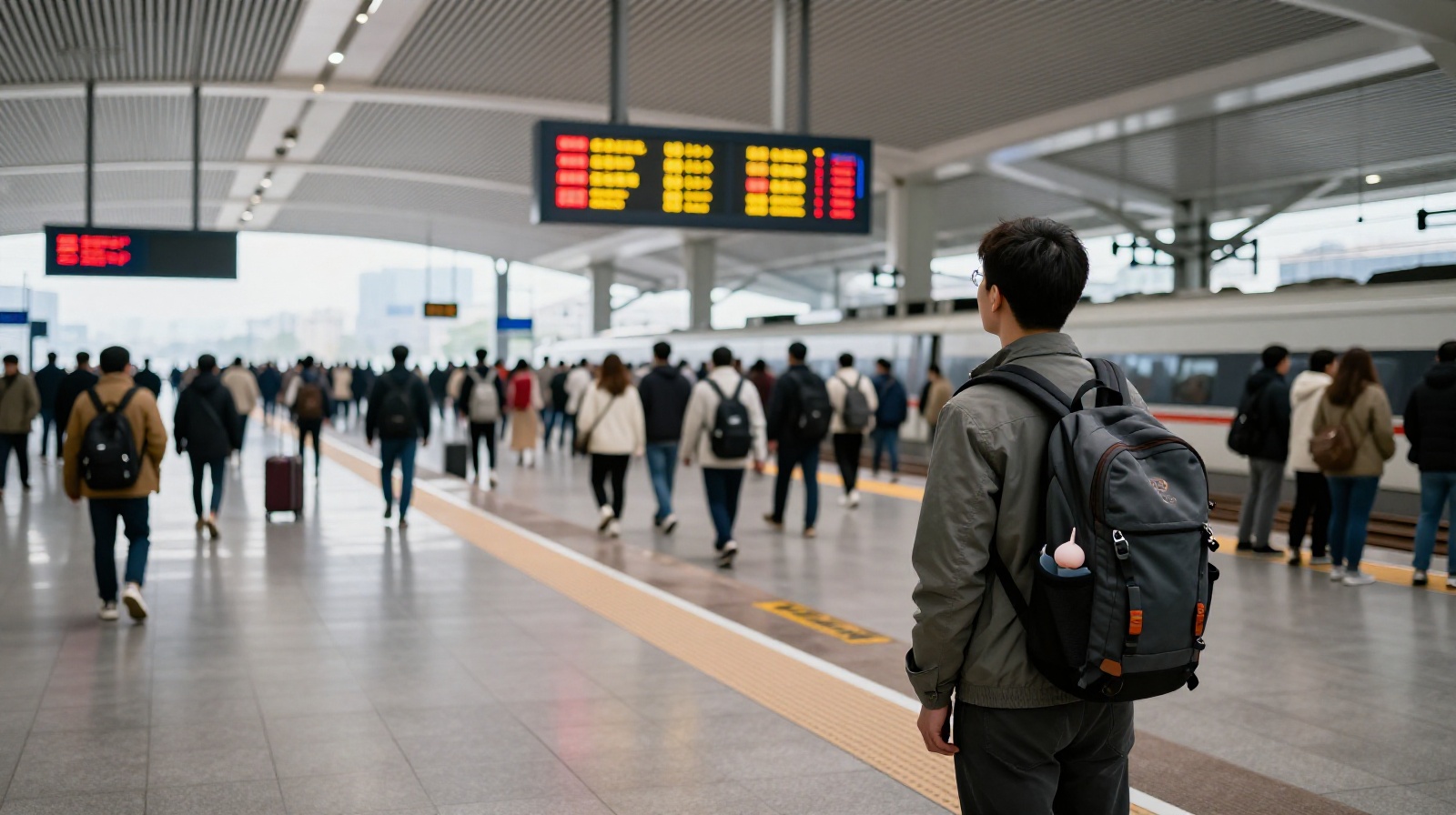 Backpacker waiting for a train at Chengdu station to start their journey
