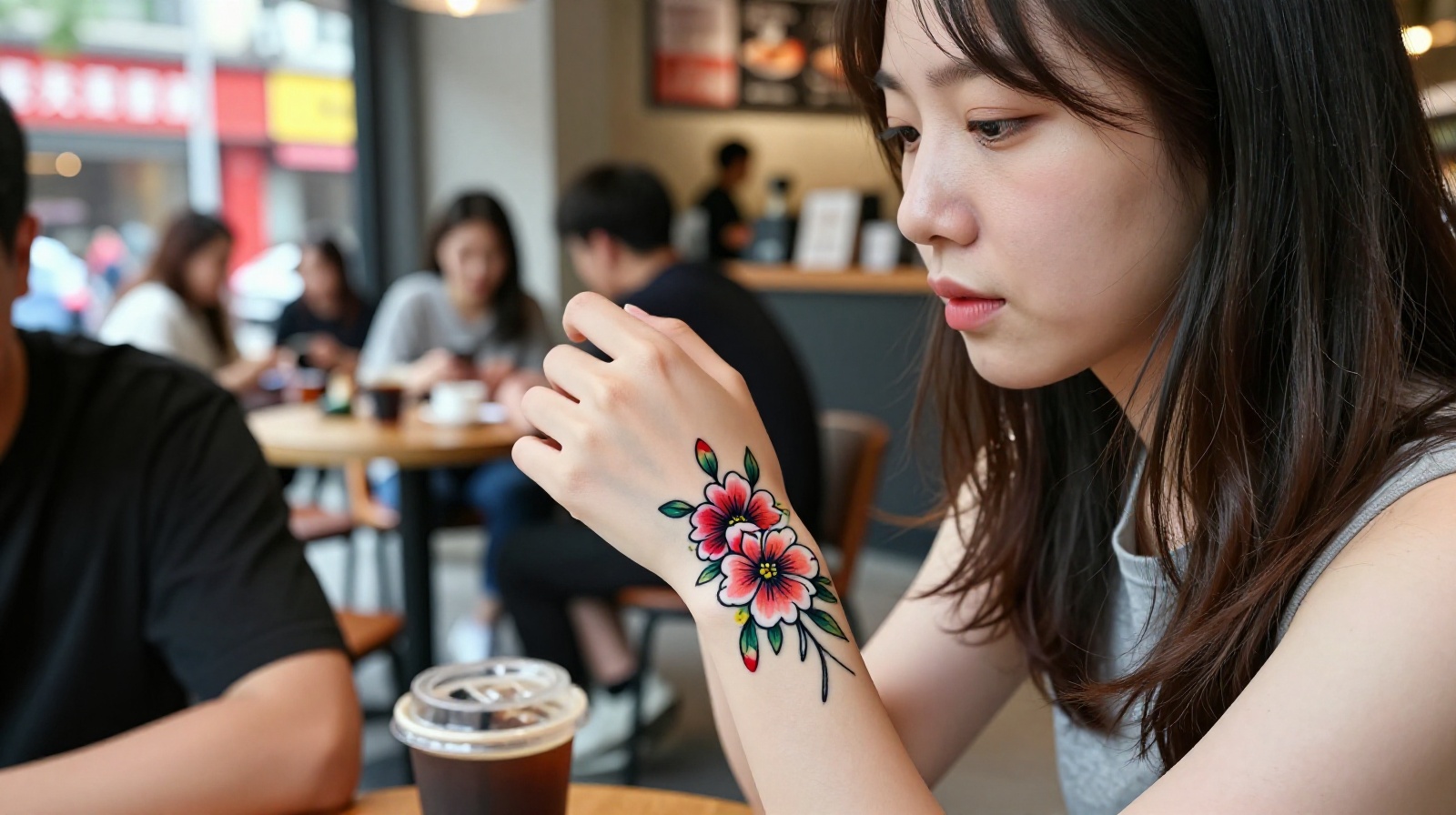 Young Chinese woman displaying a fresh floral tattoo on her wrist while sitting in a modern Beijing cafe
