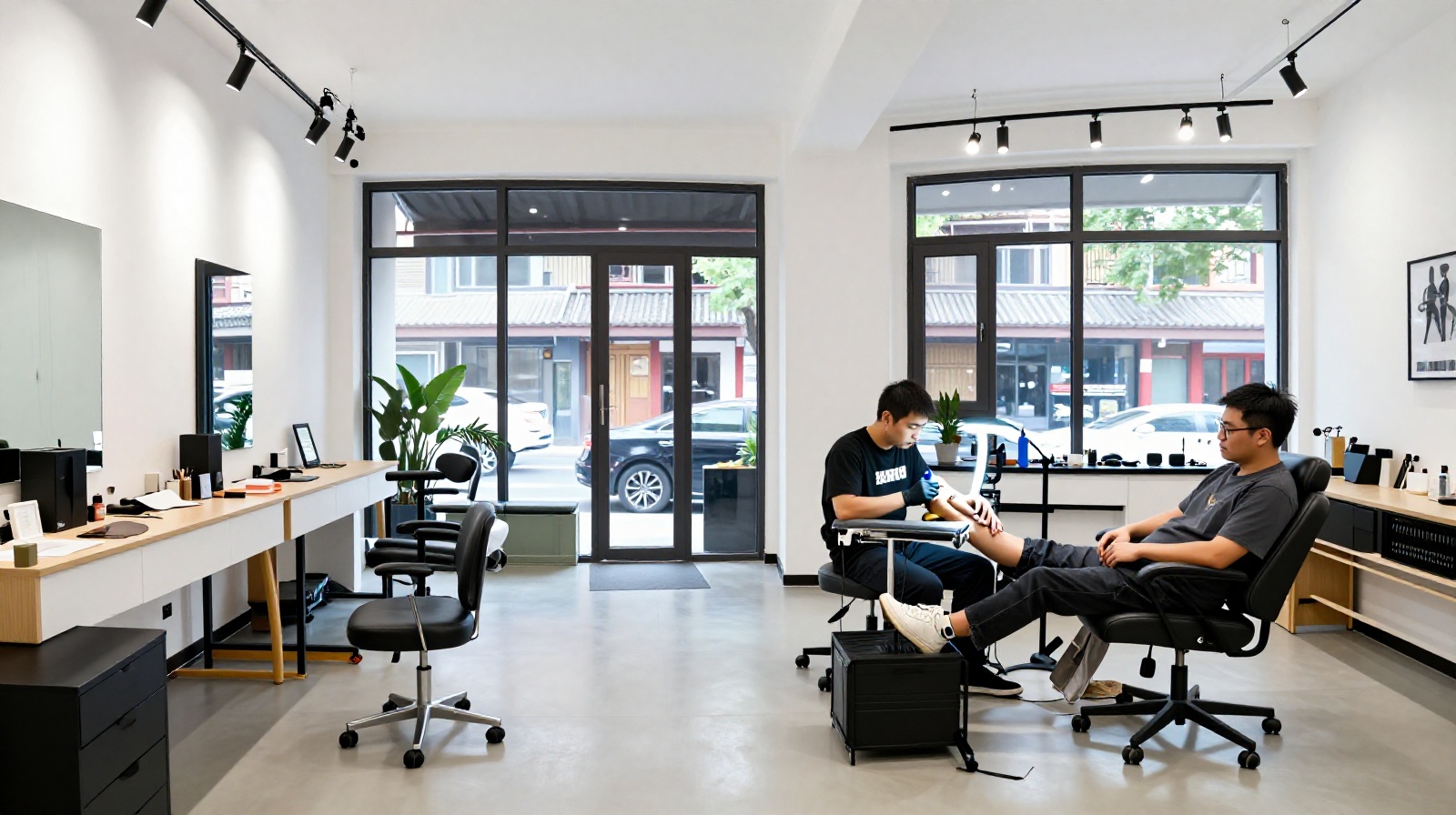 Interior of a modern tattoo studio in Sanlitun district showing artist and client in a professional setting