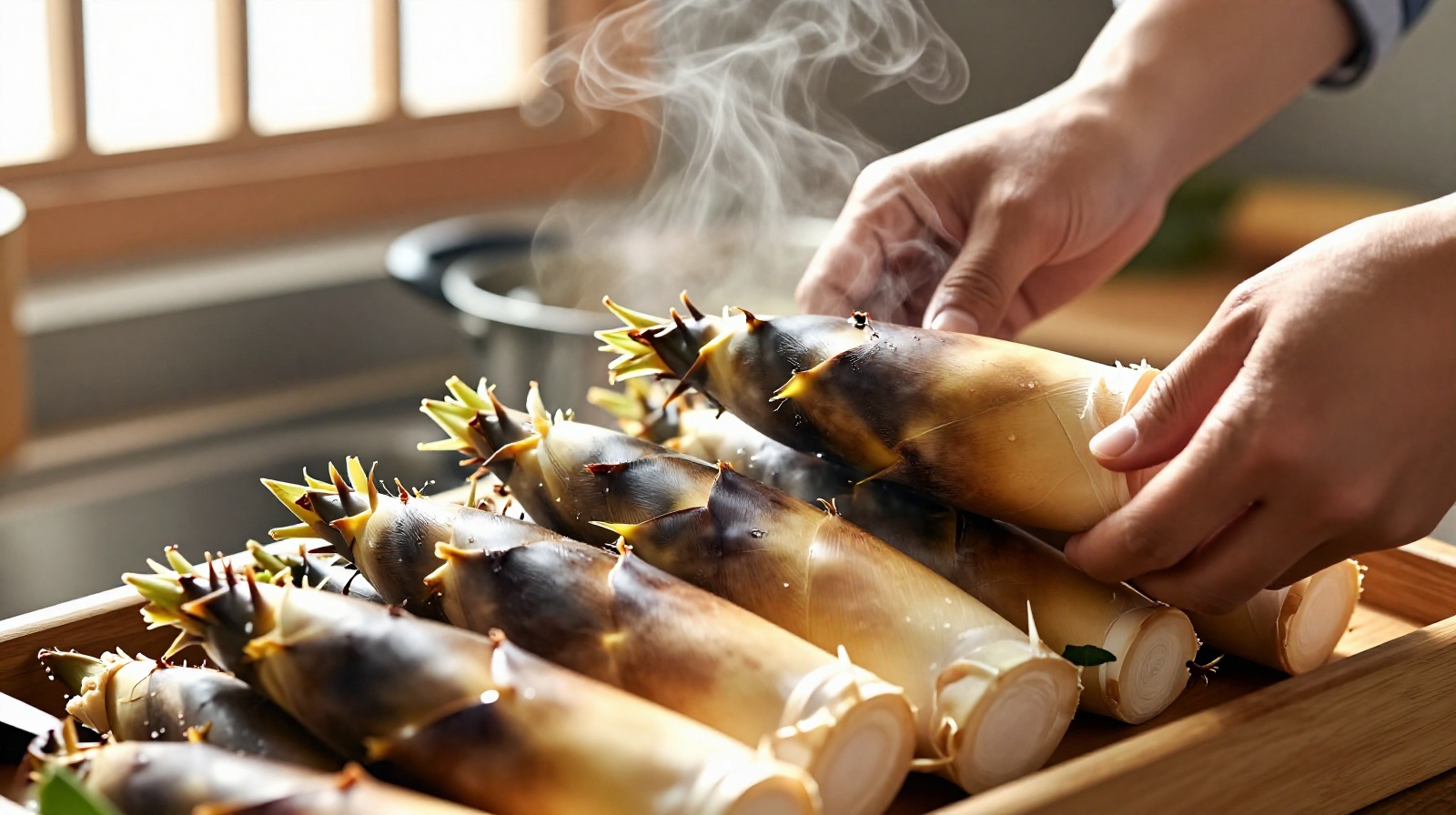 Fresh bamboo shoots steaming in a traditional Chinese kitchen during spring preparation