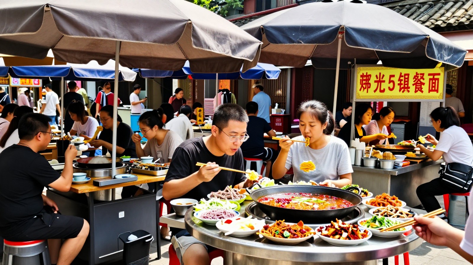 Street vendors selling cooling noodles and spicy hot pot to locals during a hot summer day in Sichuan