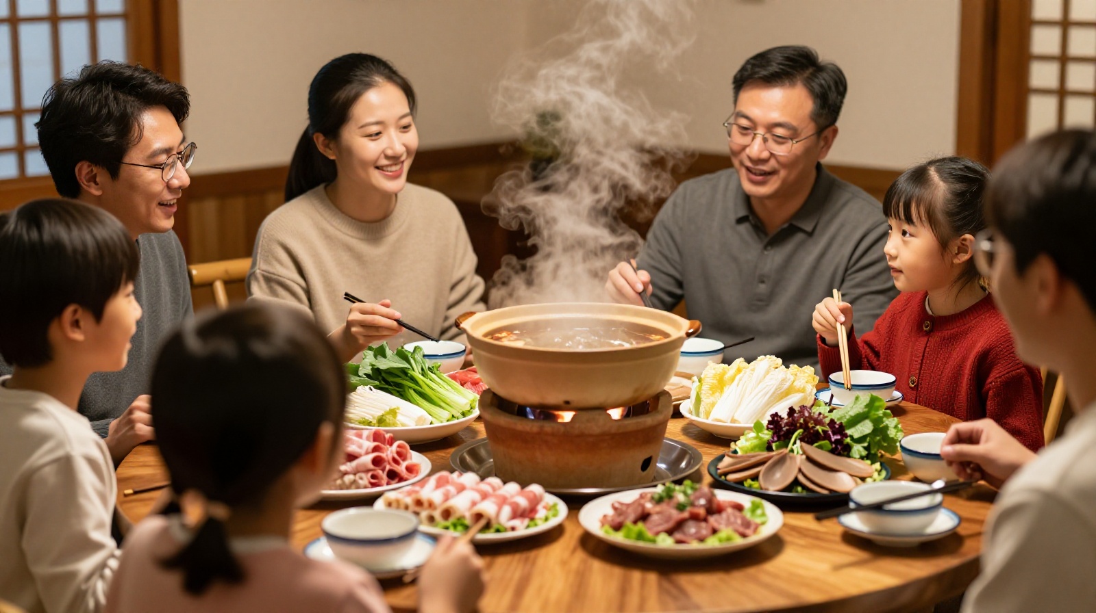 Multi-generational Chinese family enjoying a traditional hot pot meal together in winter