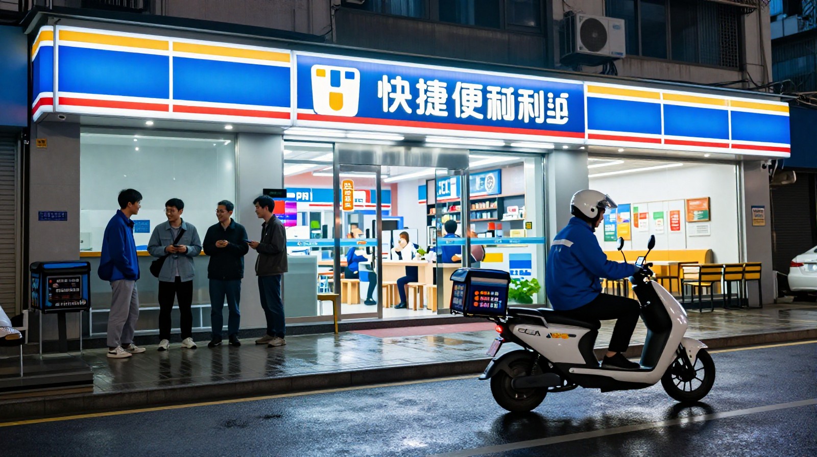 A lone traveler walking on a brightly lit Shenzhen street at midnight with electric scooters passing by and young people socializing near a coffee shop