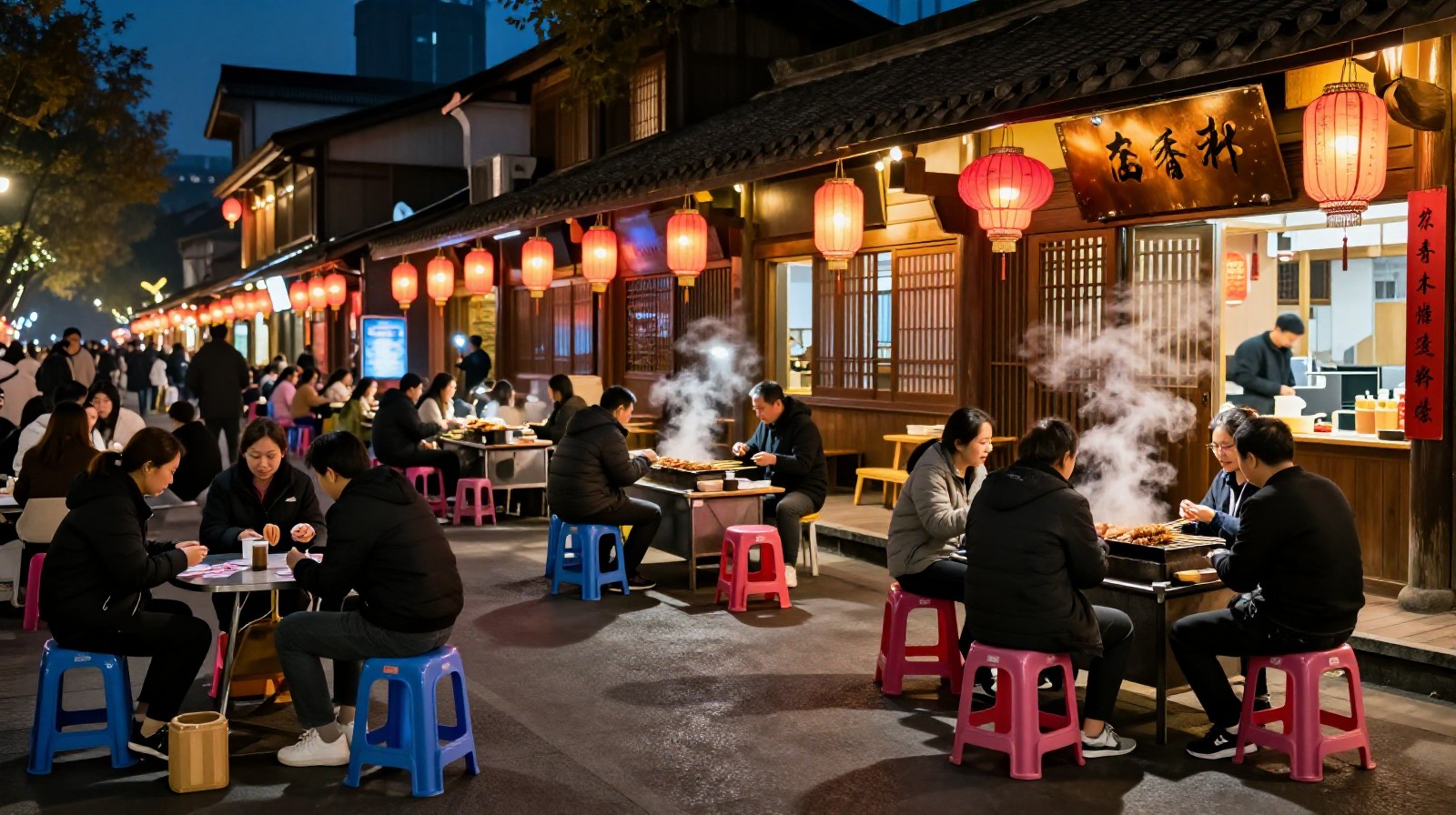 Vibrant night scene in Chengdu with street food vendors and locals socializing outdoors under warm red lanterns
