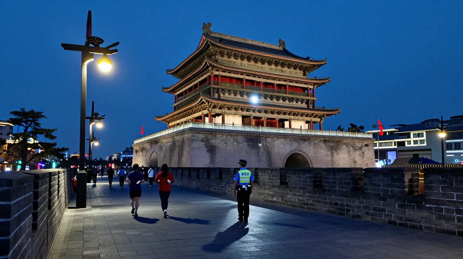 The historic Bell Tower in Xi'an illuminated by modern lights at night with locals jogging and police patrolling nearby