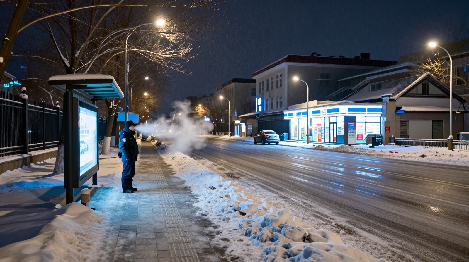A snowy Harbin street at midnight with a police officer standing guard and a single illuminated convenience store