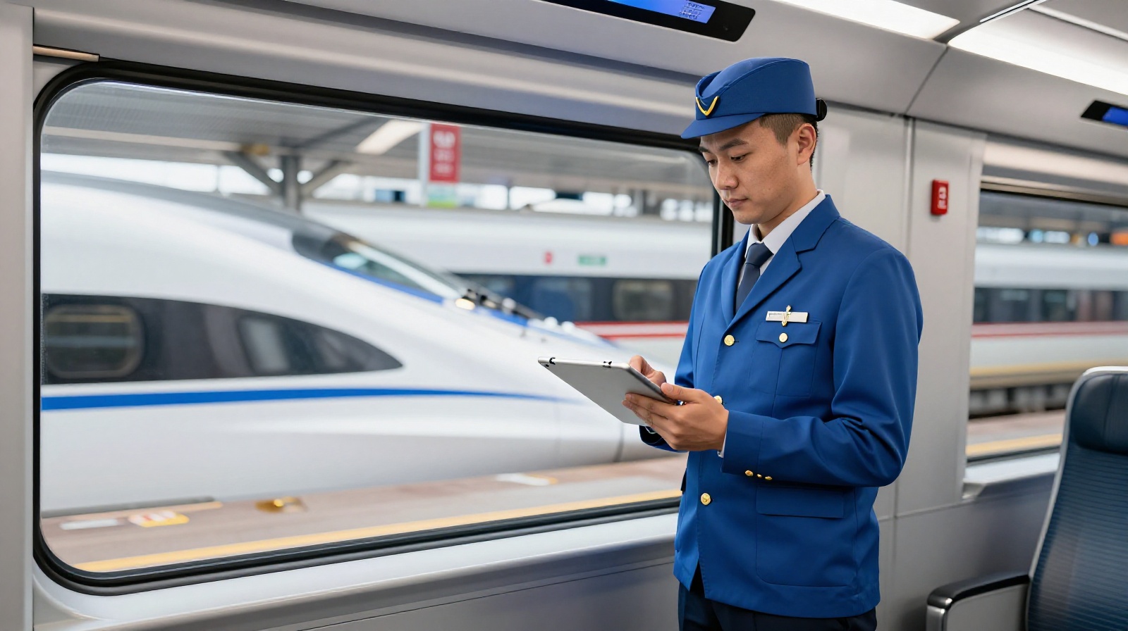 Railway staff member using a tablet to check lost property data inside a high-speed train carriage