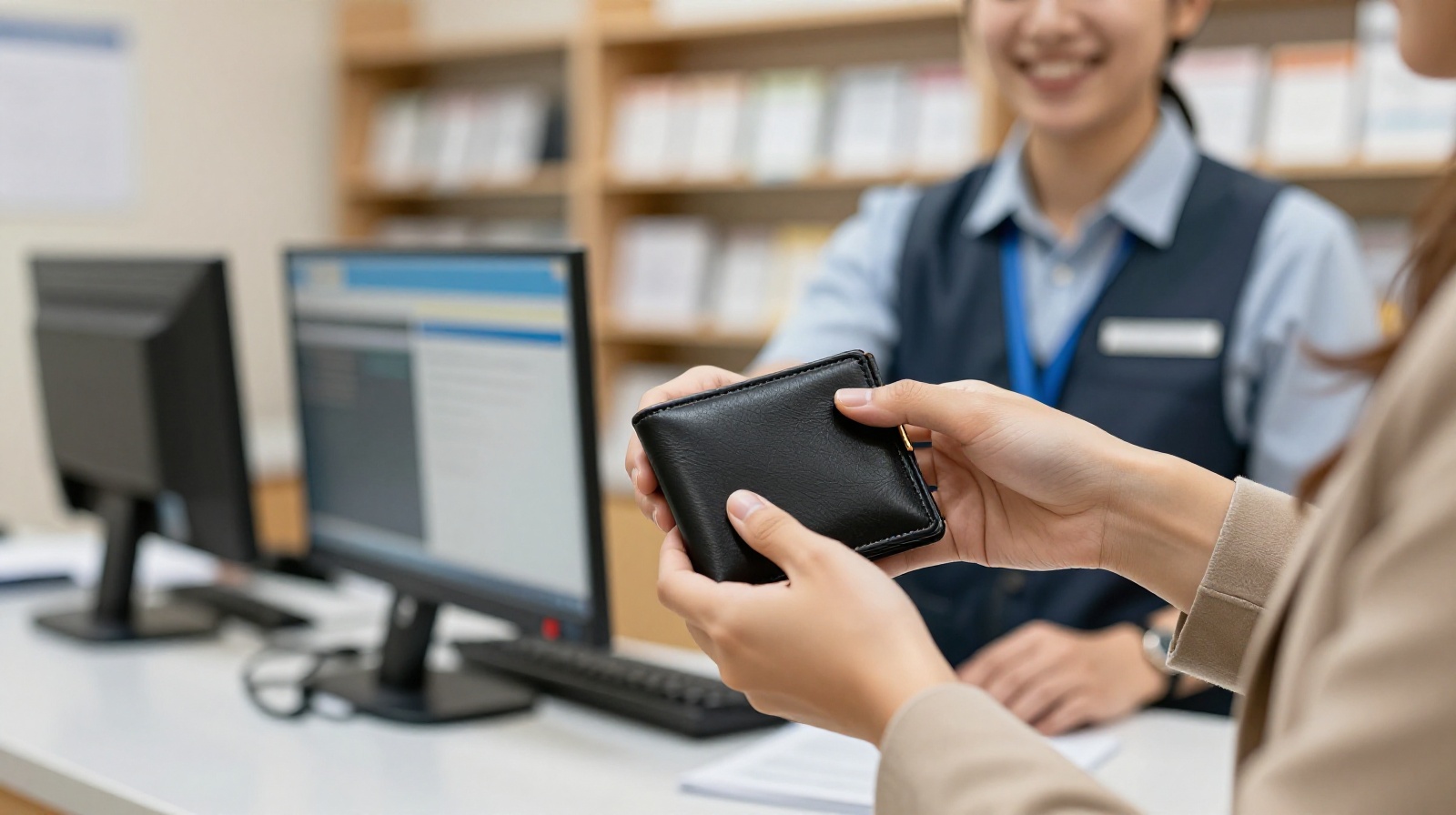 Traveler receiving their lost wallet back from a Chinese railway employee