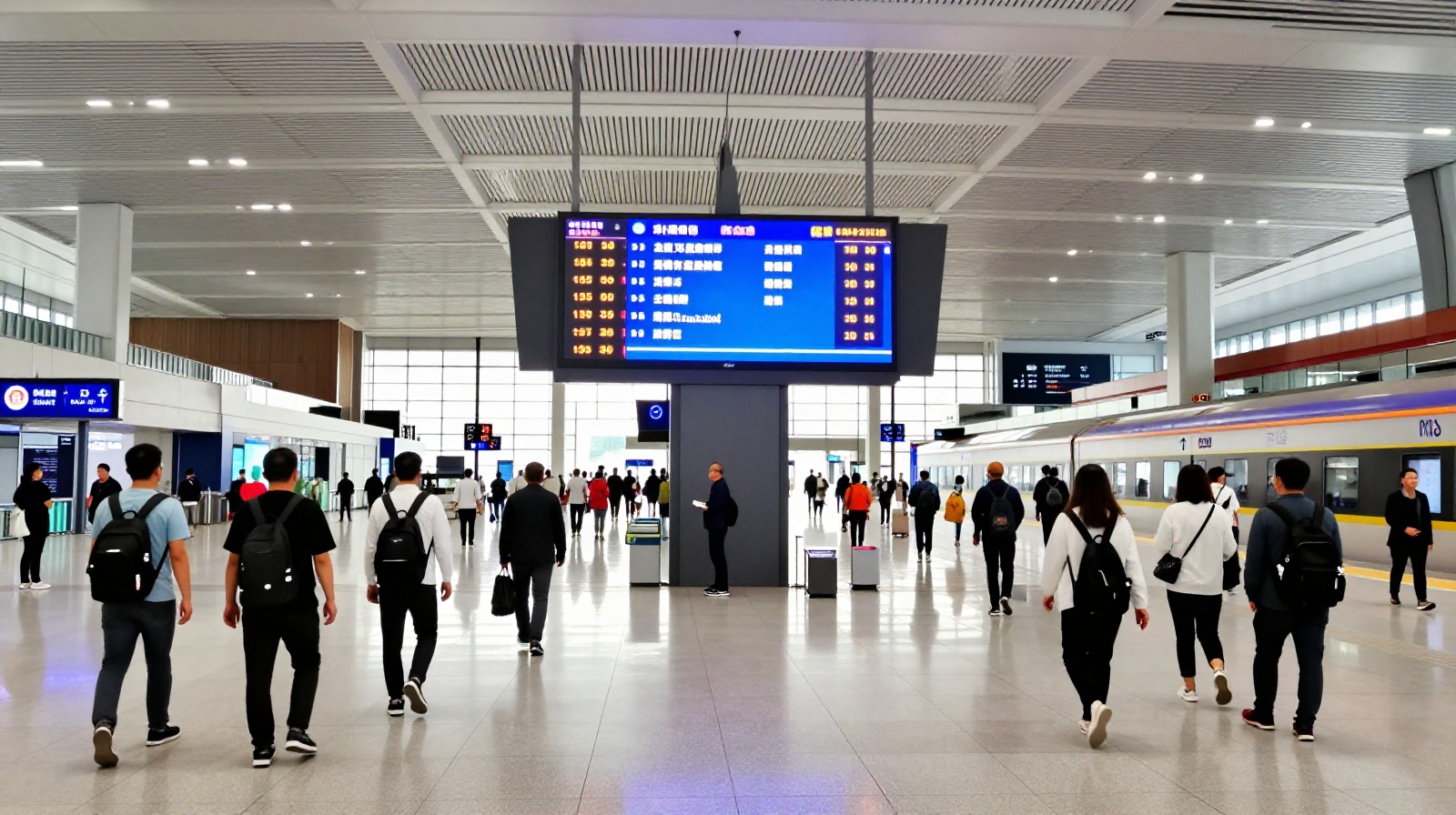 Busy modern Chinese high-speed rail station with digital display boards showing real-time information