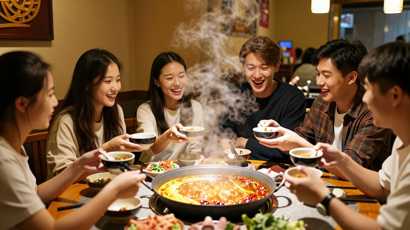 Foreigners and Chinese locals sharing a meal at a hotpot restaurant with steam rising from the pot
