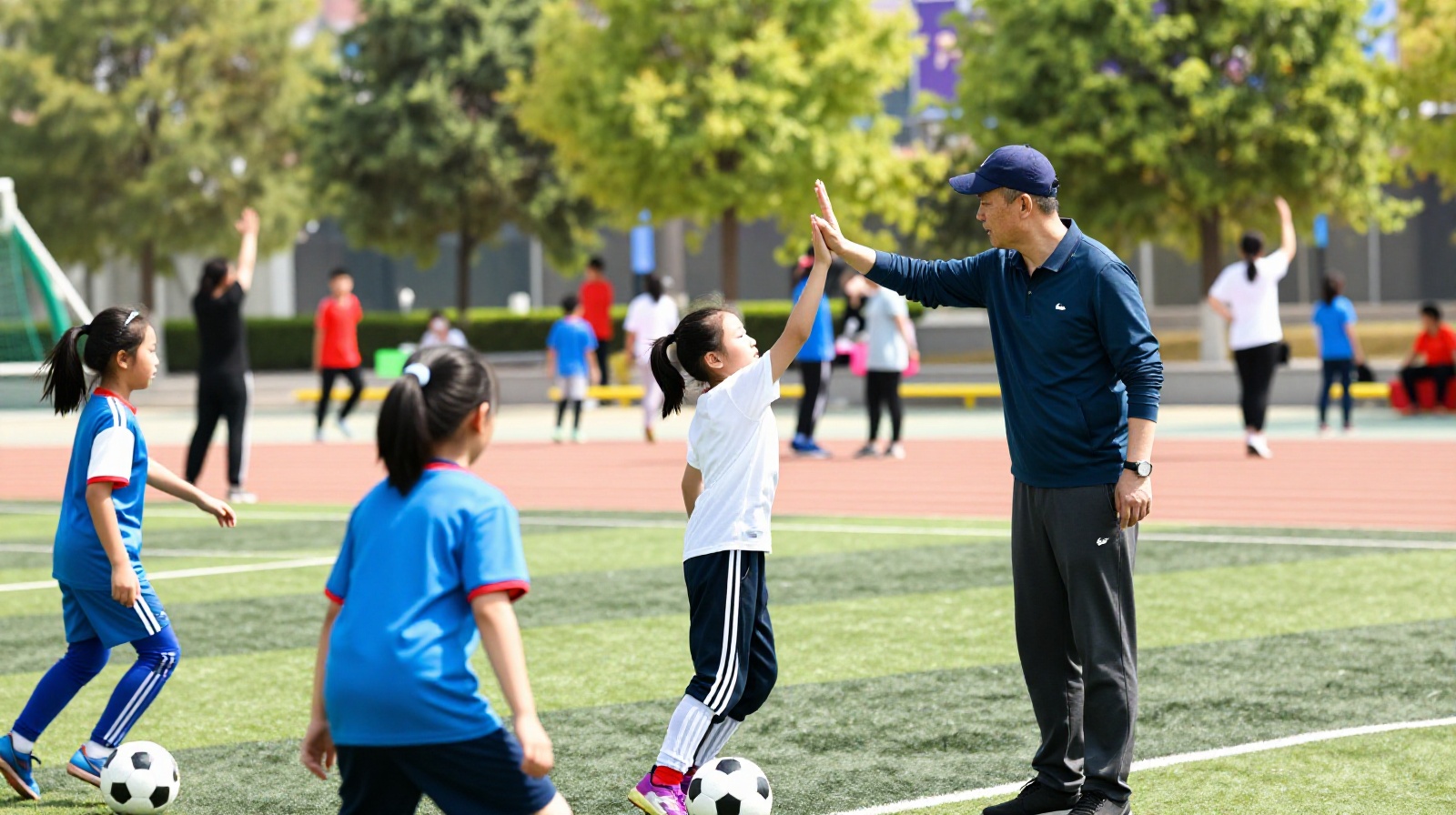 Chinese children running up to high-five a foreigner in a local city park