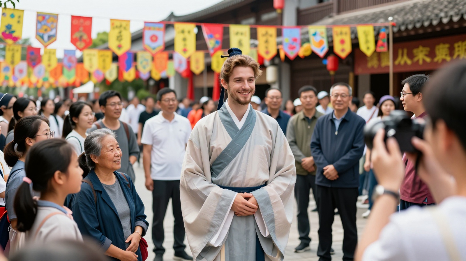 Foreigner participating in a local Chinese festival wearing traditional clothing