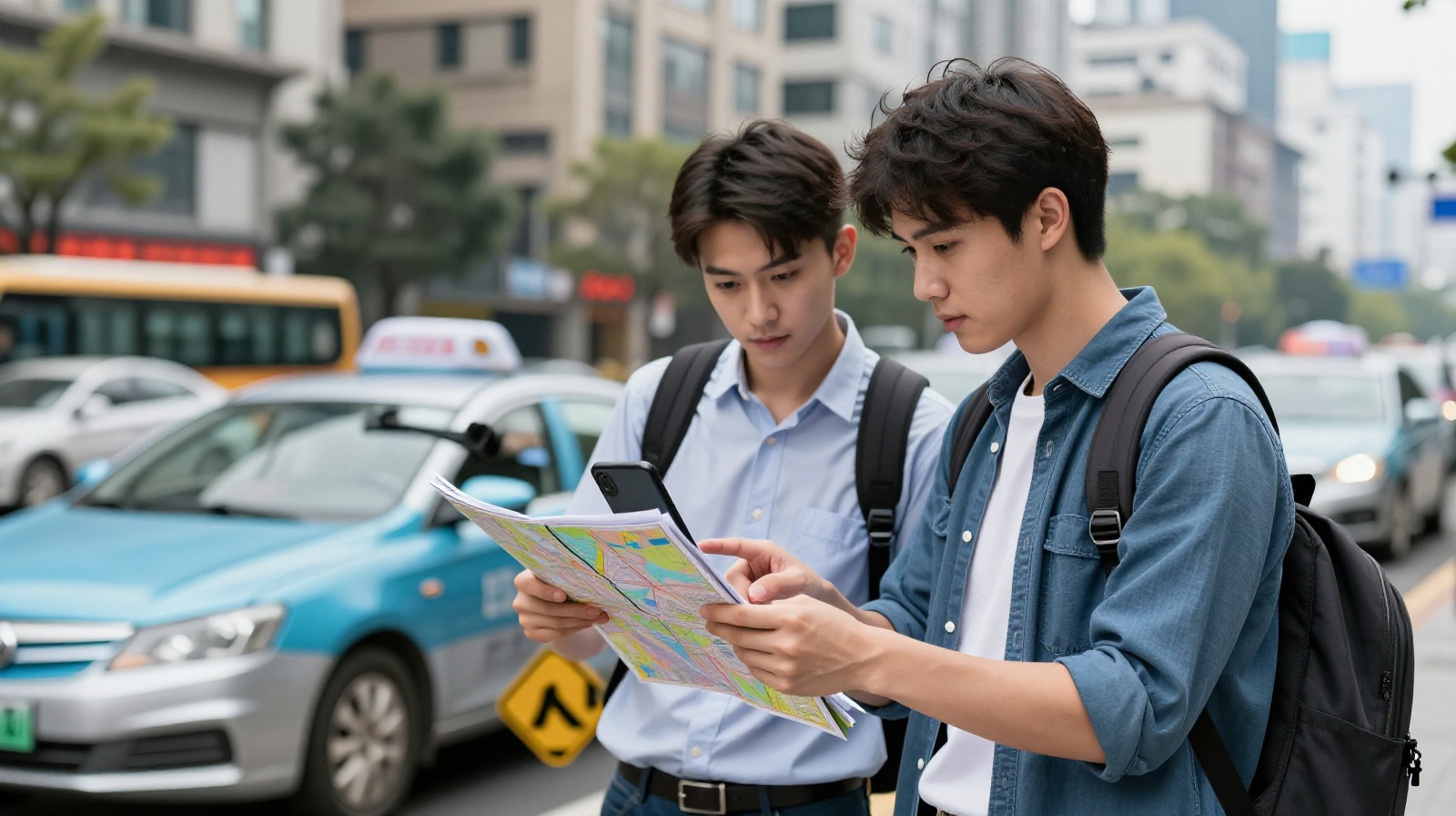 A helpful Chinese taxi driver explaining directions to a foreign passenger
