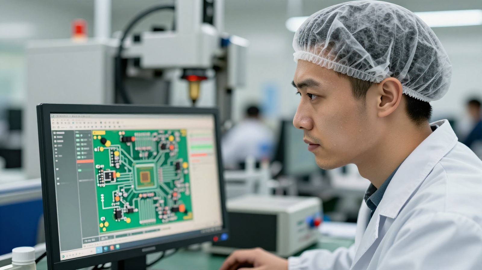 Young Chinese electronics factory worker monitoring automated quality control system on a digital screen while wearing protective gear