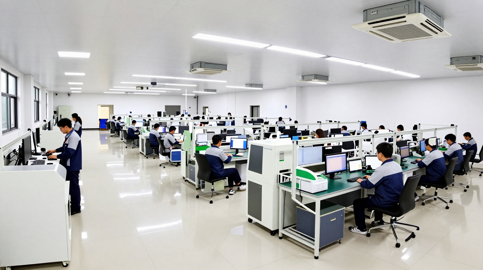 Interior of a sterile, climate-controlled electronics manufacturing facility with workers operating automated assembly lines
