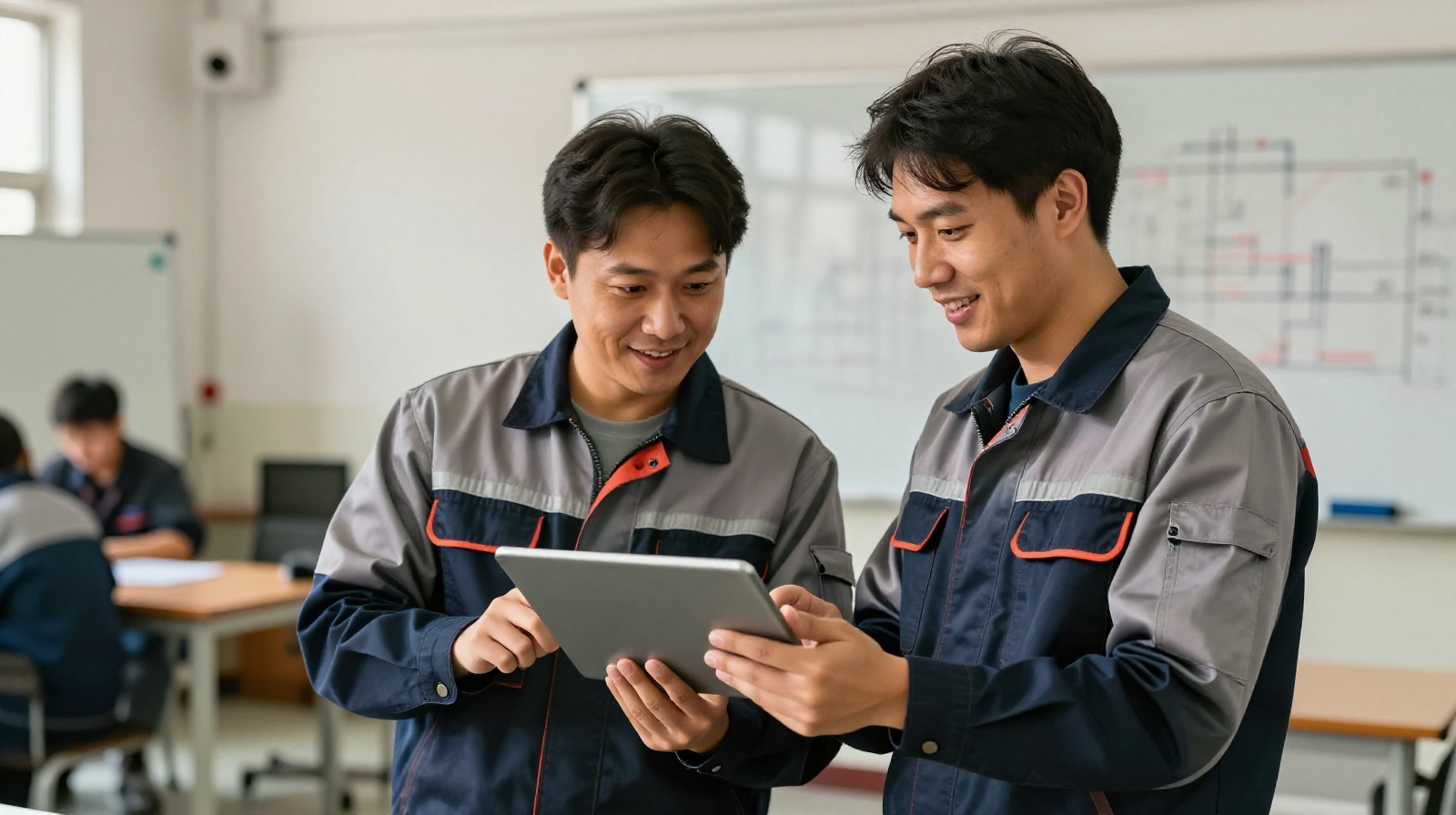 Chinese factory employees discussing technical training materials on a tablet during a break