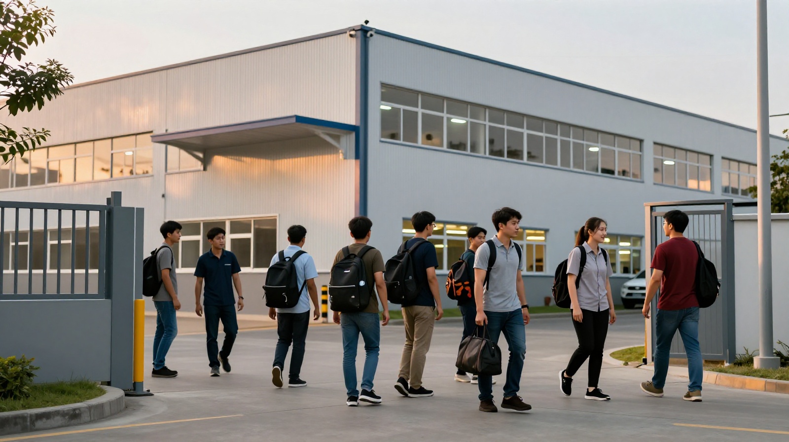 Workers exiting a modern electronics factory in China after their shift ends, heading home